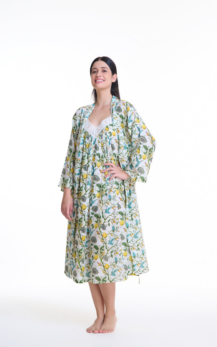 Arabella Sonia 100% Cotton Long Sleeve Robe in Lemon Floral MD-75DD