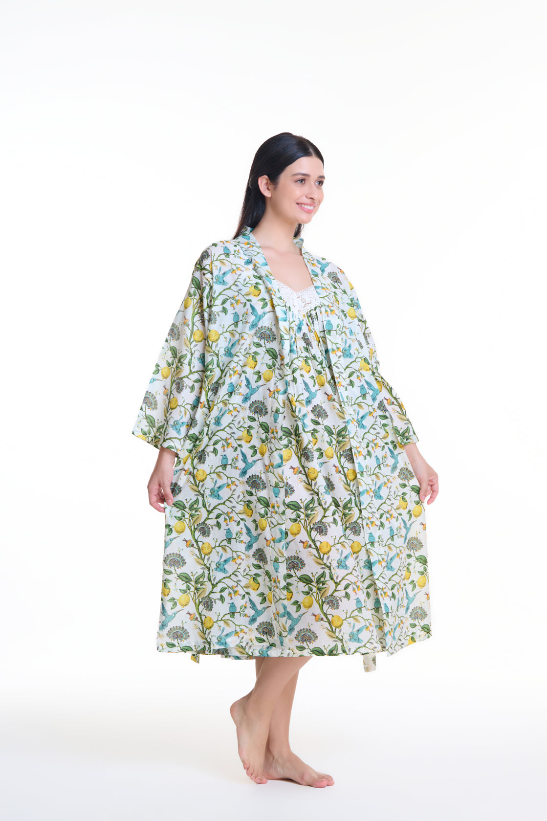 Arabella Sonia 100% Cotton Long Sleeve Robe in Lemon Floral MD-75DD