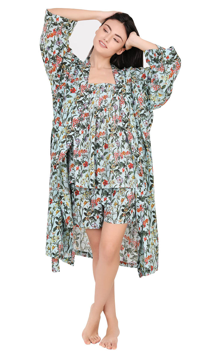 Arabella 100% Cotton Robe and Matching Nightie Set in Blue/Green Floral MD-75F5 and MD-411F5