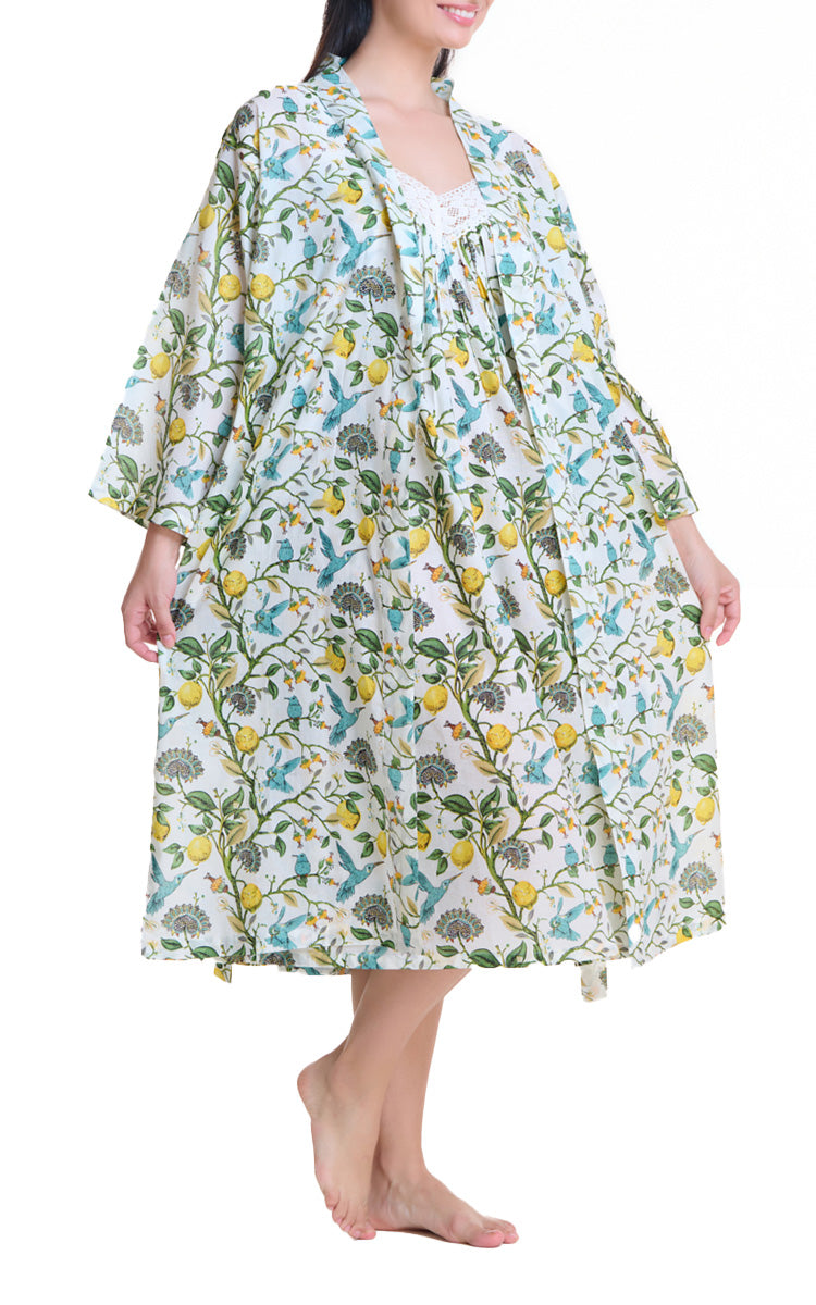 Arabella Sonia 100% Cotton Long Sleeve Robe in Lemon Floral MD-75DD