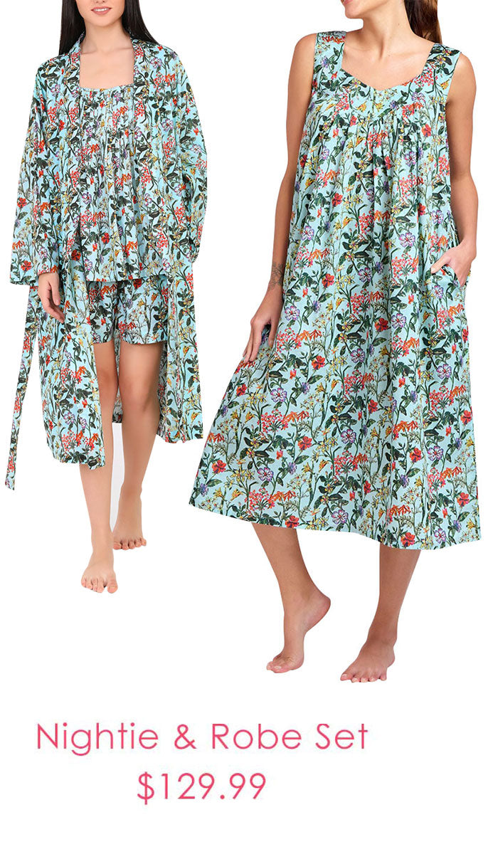 Arabella 100% Cotton Robe and Matching Nightie Set in Blue/Green Floral MD-75F5 and MD-411F5