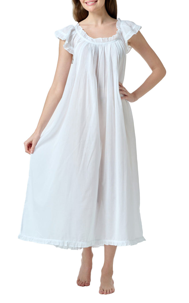 Arabella Nathalie 100% Cotton Voile With Cap Sleeve Nightgown in White MD-87