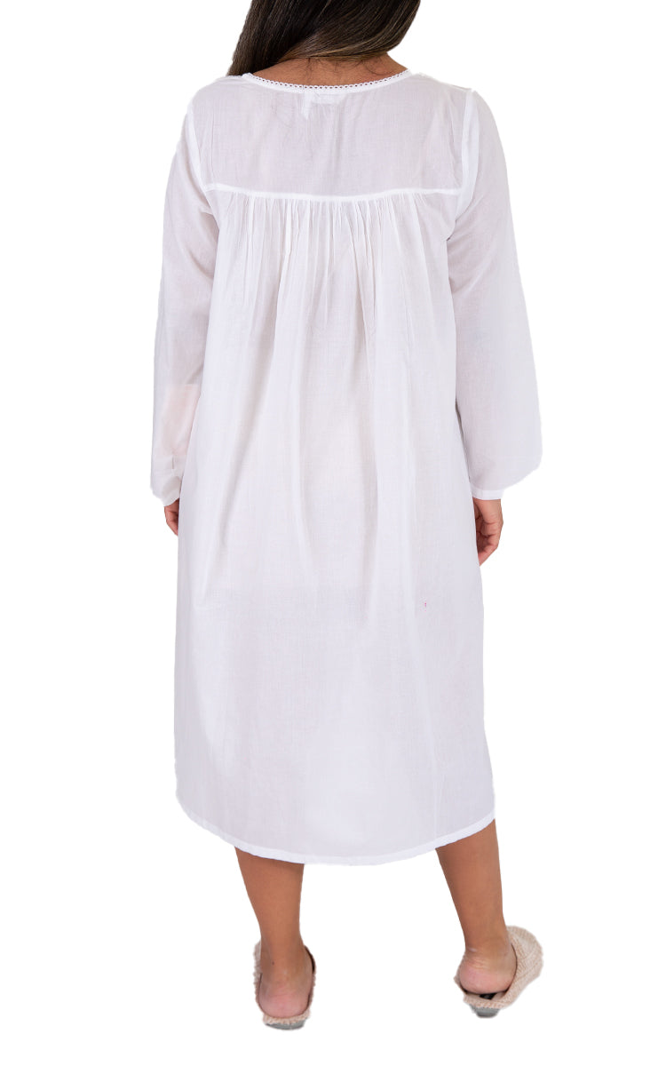 French Country 100% Cotton Nightgown with Long Sleeve in White FCA550