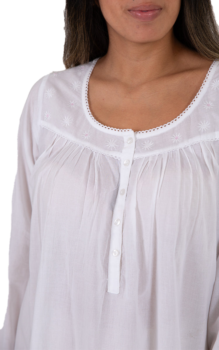 French Country 100% Cotton Nightgown with Long Sleeve in White FCA550