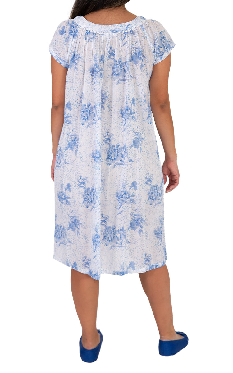 French Country 100% Cotton Nightgown with Cap Sleeve in White and Blue Floral FCB242V