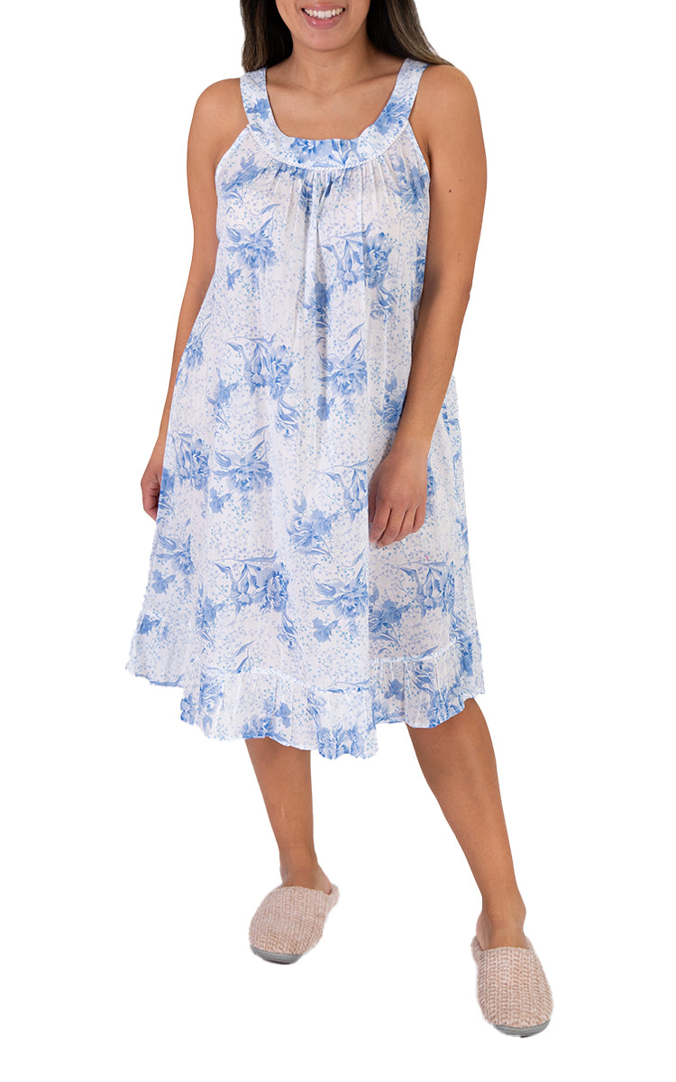 Womens summer cotton nightie with white with blue floral print perfect for summer Australia and New Zealand