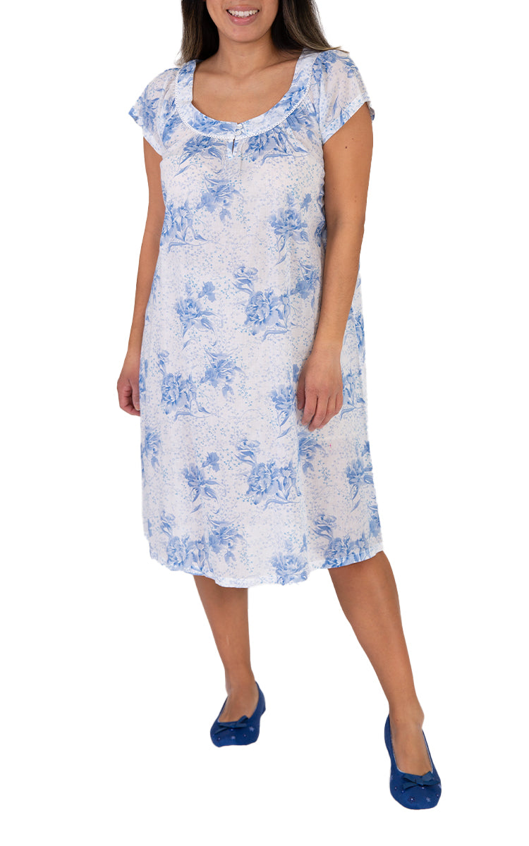 French Country 100% Cotton Nightgown with Cap Sleeve in White and Blue Floral FCB242V