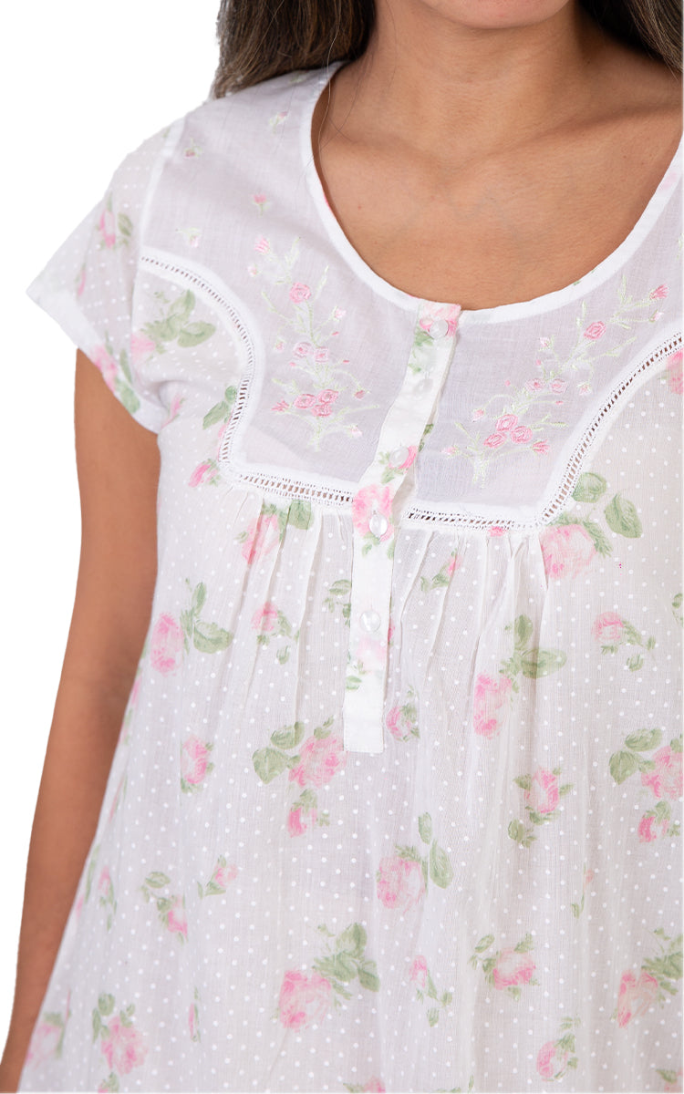 Woman wearing cotton nightie for summer with floral print. Sold online at natureswear