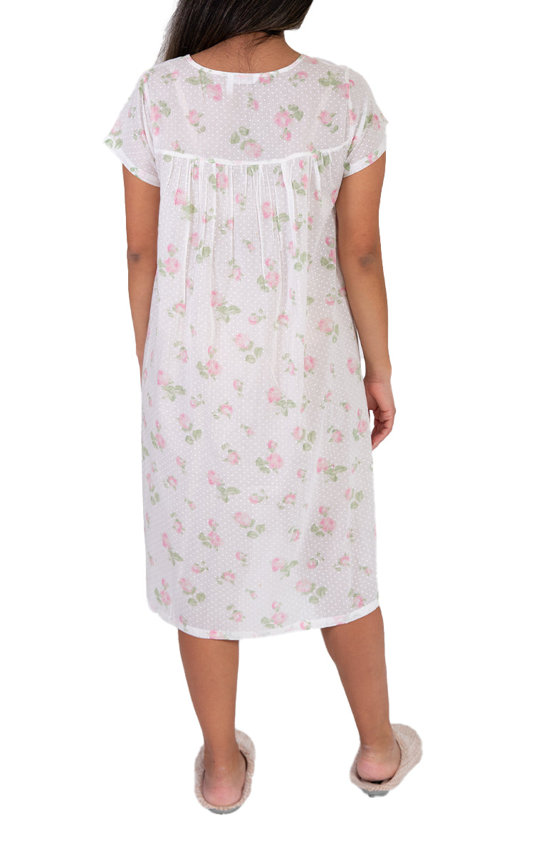 Woman wearing cotton nightie for summer with floral print. Sold online at natureswear