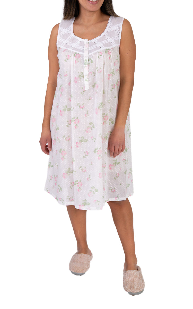 Woman wearing cotton nightie for summer with floral print. Sold online at natureswear