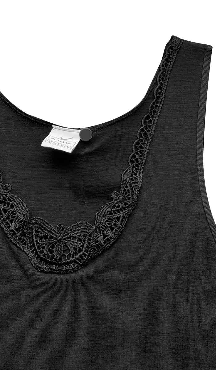Emmebivi 85% Wool and 15% Silk Singlet with Lace Trim in Black 93062