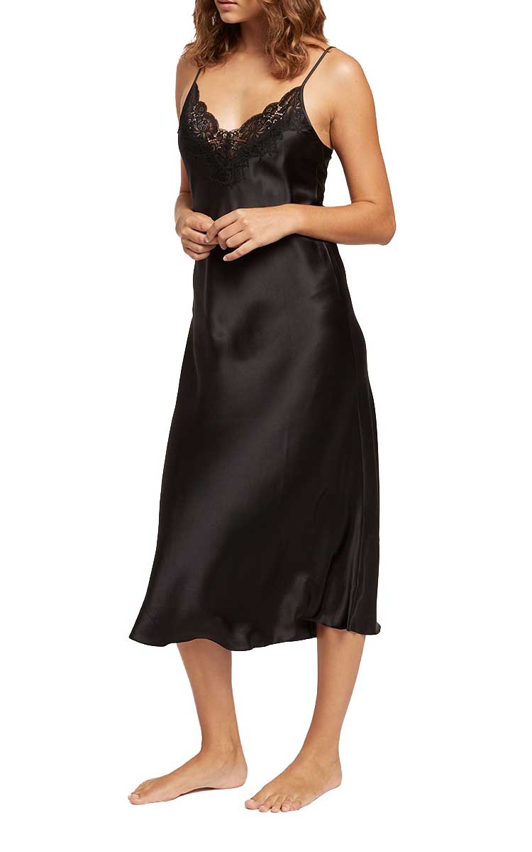 Ginia 100 Silk Nightgown with Lace in Black GPM401 SALE