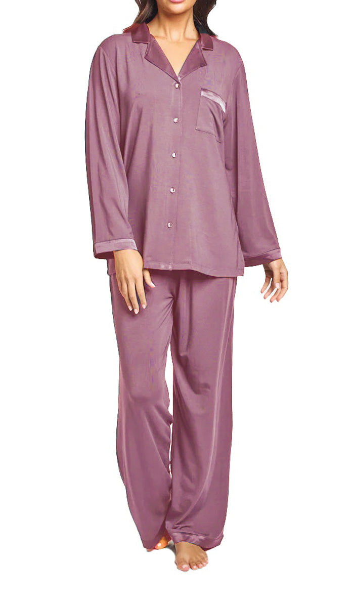 Love and Lustre Modal and Silk Trim Long Sleeve Top & Pant Pajama Set in Grape