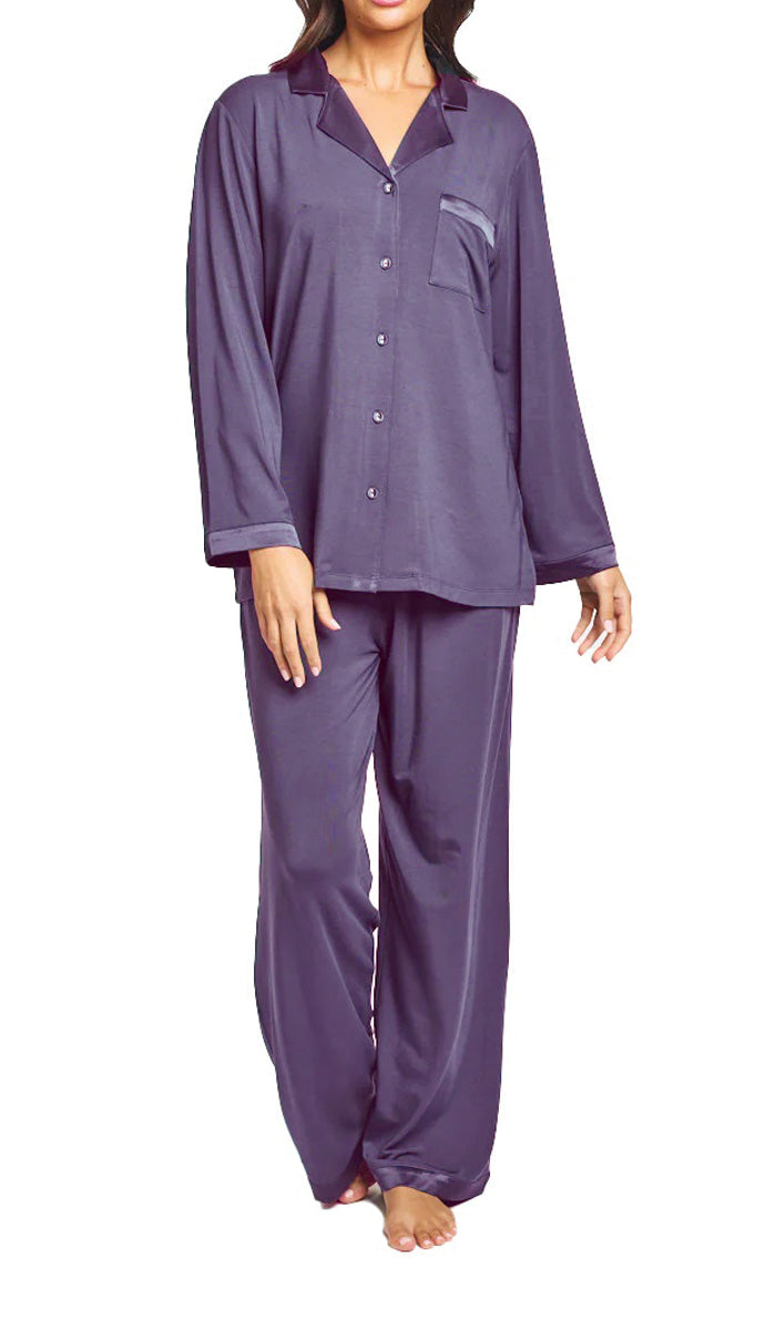 Love and Lustre Modal and Silk Trim Long Sleeve Top & Pant Pajama Set in Heron