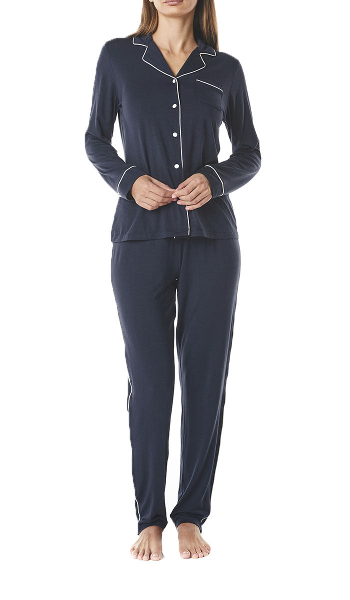 Gingerlilly Modal Long Sleeve Top & Pant Pajama Set in Navy